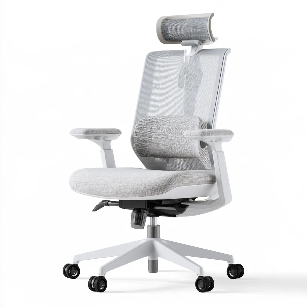 Ergonomiczny fotel biurowy, o nowoczesnej formie, kolor: jasnoszary i biały