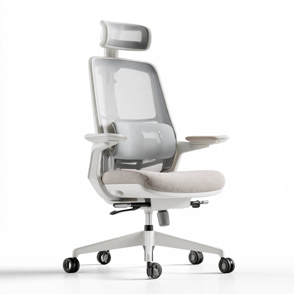 Ergonomiczny fotel biurowy, o nowoczesnej formie, kolor: jasnoszary i biały